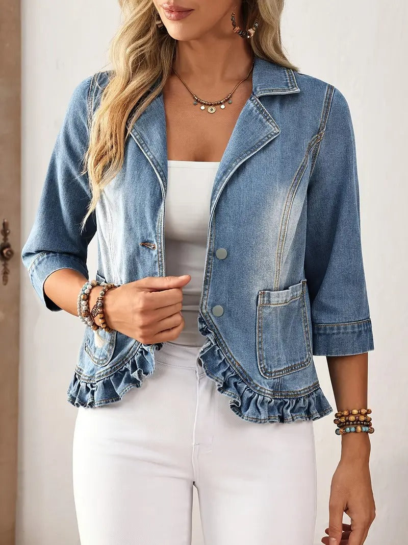 Modische Denim Jacke Rüschen Jeans Blazer Hellblau - IdealeKleiden