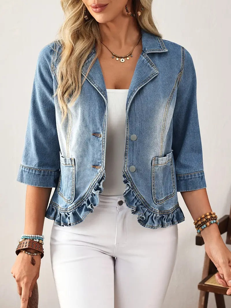 Modische Denim Jacke Rüschen Jeans Blazer Hellblau