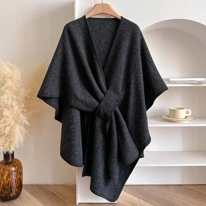 Stylisher Wollponcho mit Gürtel - Knielanger Umhang für Damen