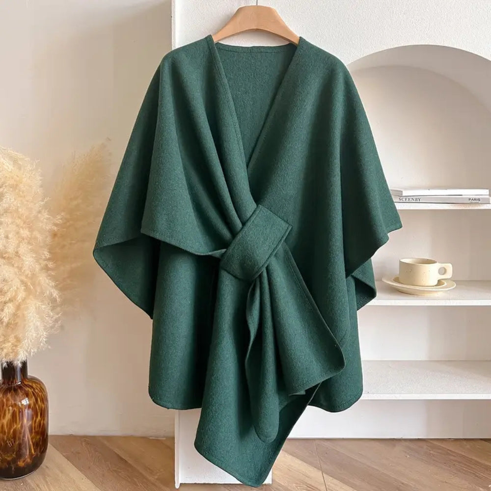 Stylisher Wollponcho mit Gürtel - Knielanger Umhang für Damen