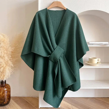 Stylisher Wollponcho mit Gürtel - Knielanger Umhang für Damen