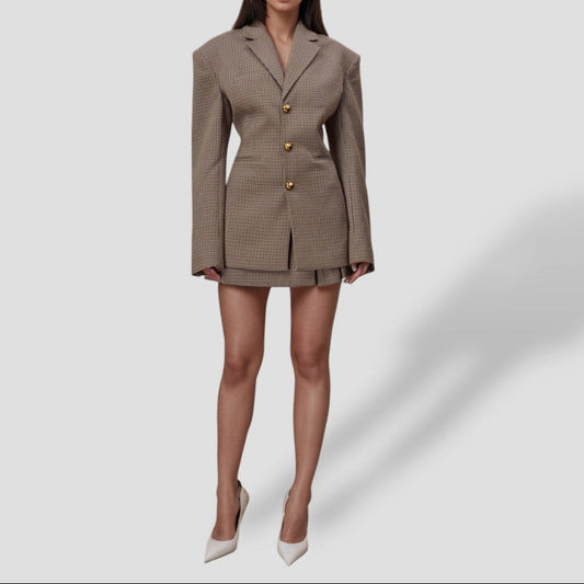 Eleganter Brauner Karierter Blazer mit Goldknöpfen - IdealeKleiden