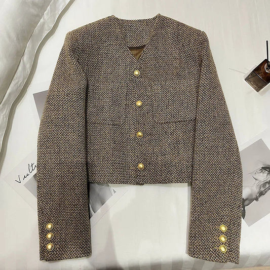 Damen Blazer Kurz Kragenlos Elegent - IdealeKleiden