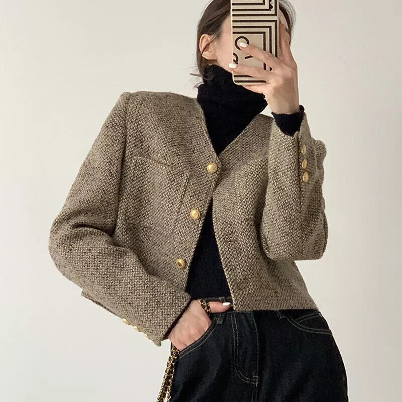 Damen Blazer Kurz Kragenlos Elegent