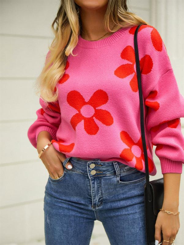 Damen Pullover Herbst Floral Rundhals