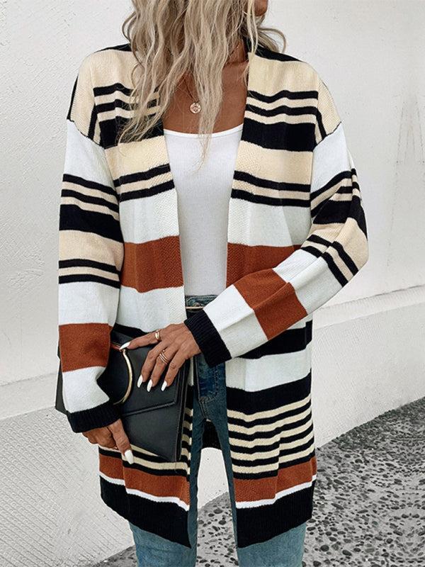 Damen Cardigan Herbstlich Streifen Mittellang