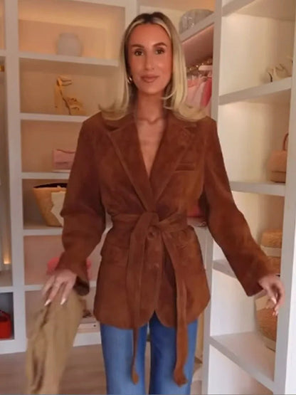 Herbst Mantel Damen - Lederjacke Chic mit Gürtel