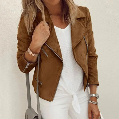 Stylische Lederjacke Frauen - Faux Wildleder Bikerjacke Mit Asymmetrischem Reißverschluss - IdealeKleiden