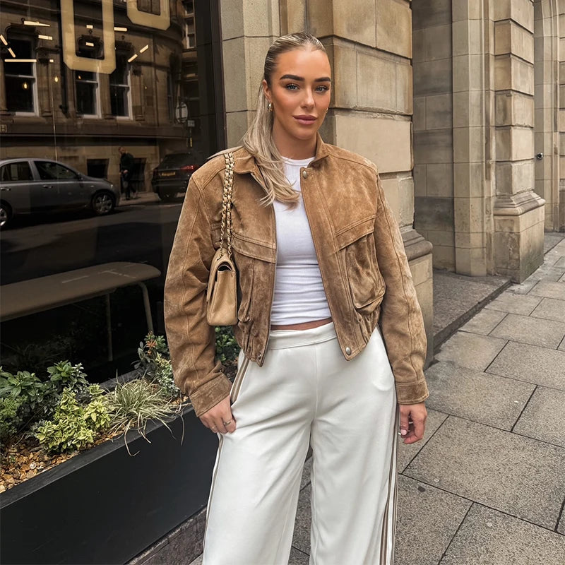 Vintage Lederjacke Kurz Schnitt Lässig Reißverschluss Taschen