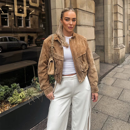 Vintage Lederjacke Kurz Schnitt Lässig Reißverschluss Taschen