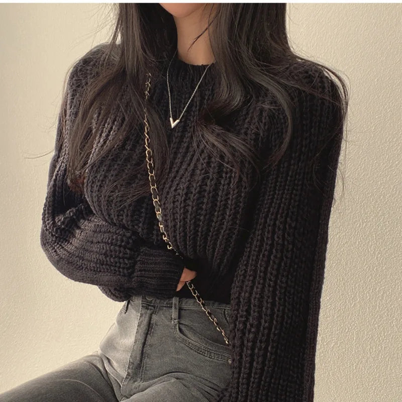 Damen Pullover Bequem Langarm Cropped Style