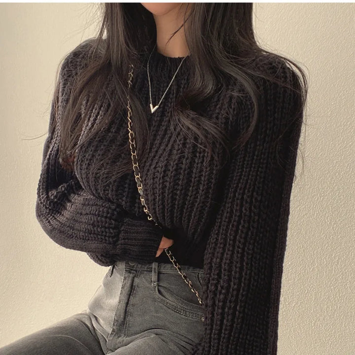 Damen Pullover Bequem Langarm Cropped Style