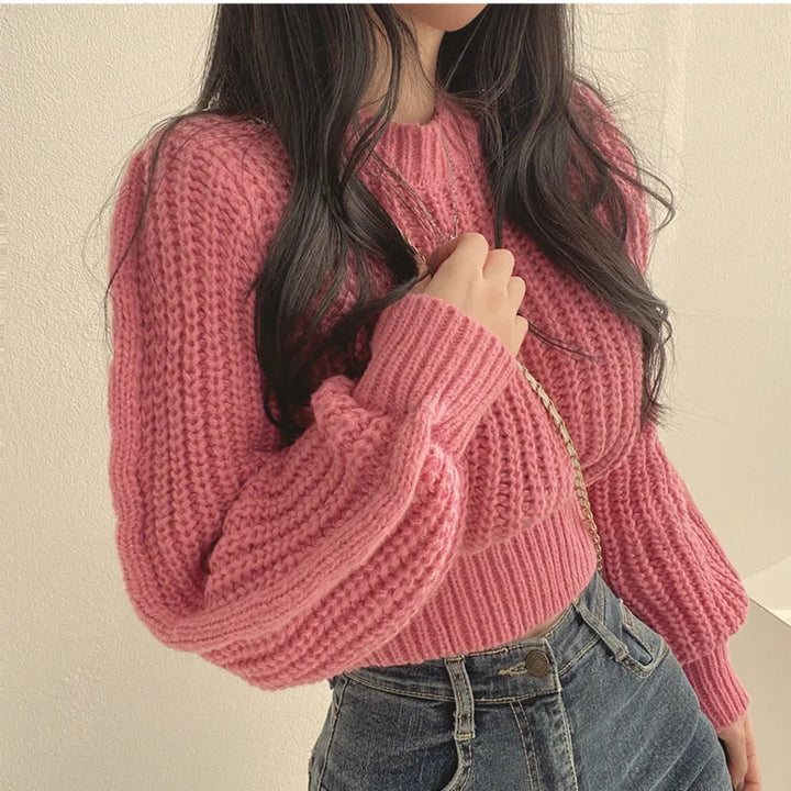 Damen Pullover Bequem Langarm Cropped Style - IdealeKleiden