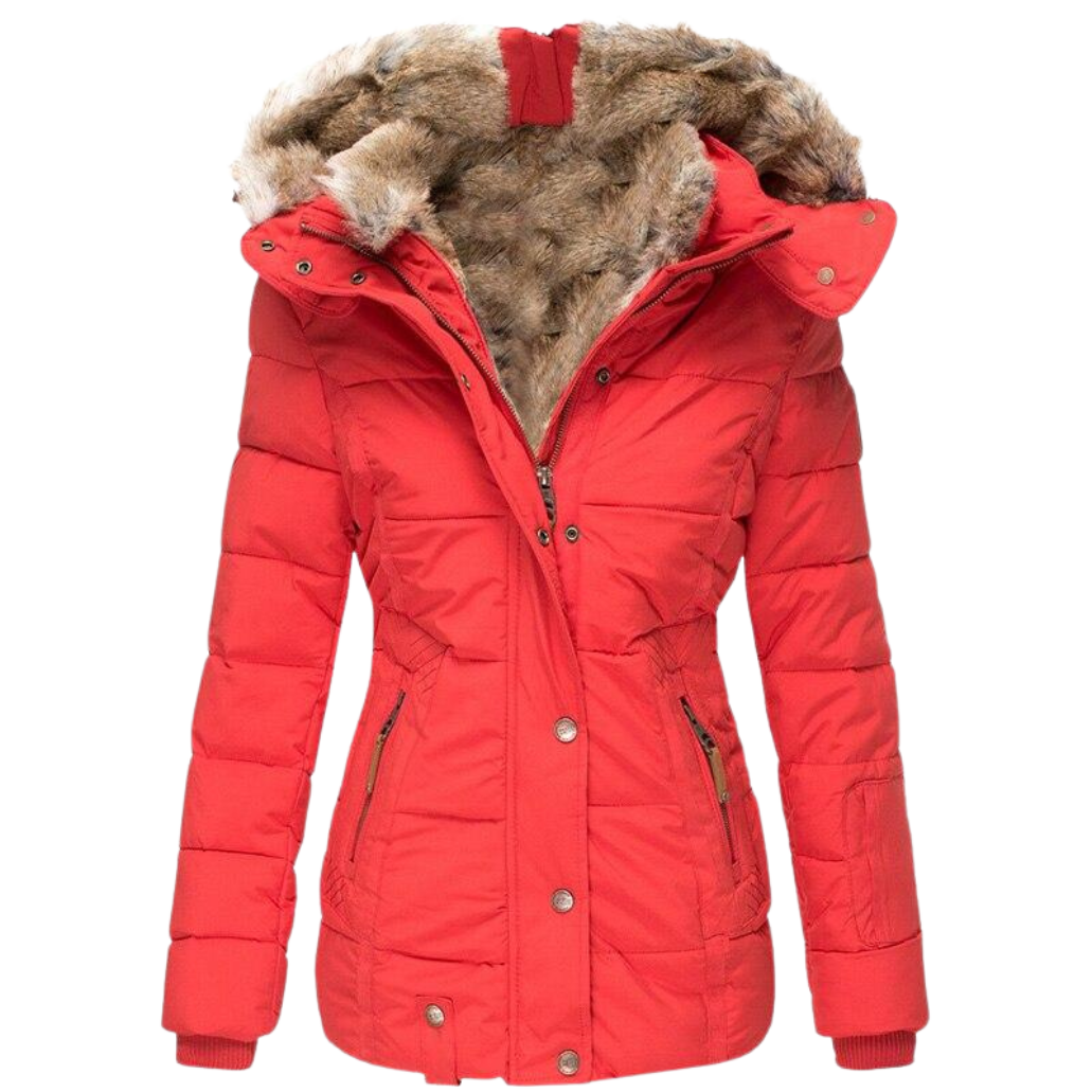Warmes Winterkleid | Damenmantel mit Fellkragen und Steppnähten