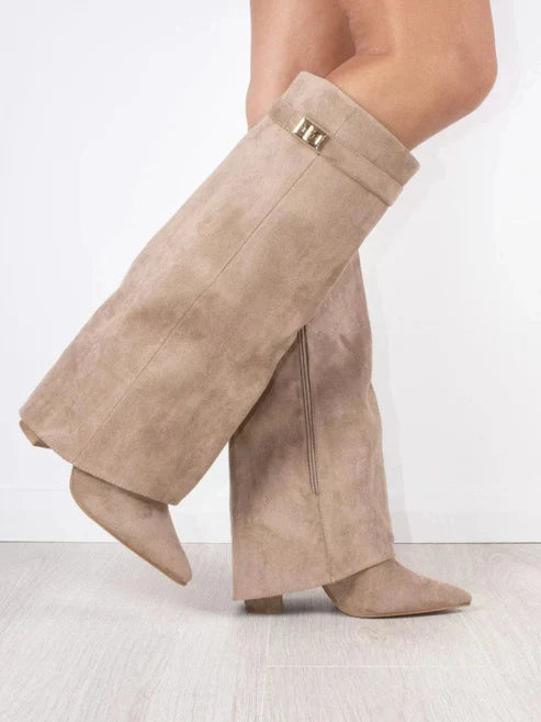 Klappkniehohe Stiefel Wildleder Schnalle Blockabsatz