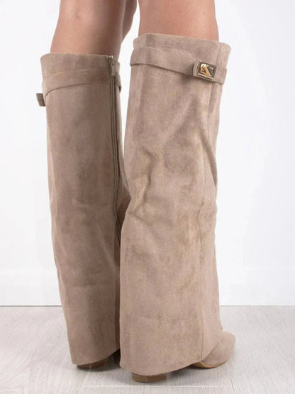 Klappkniehohe Stiefel Wildleder Schnalle Blockabsatz - IdealeKleiden