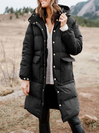 Warmes Winterkleid | Schwarzer Puffermantel Kapuze Polsterung Herbst Winter - IdealeKleiden