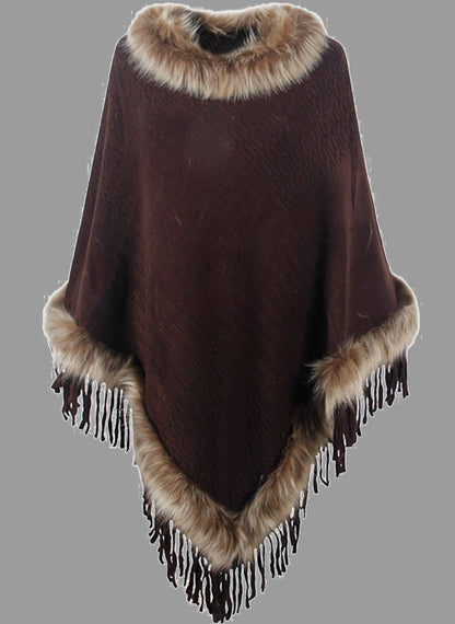 Eleganter Damen Poncho Lang Mantel mit Kunstpelz