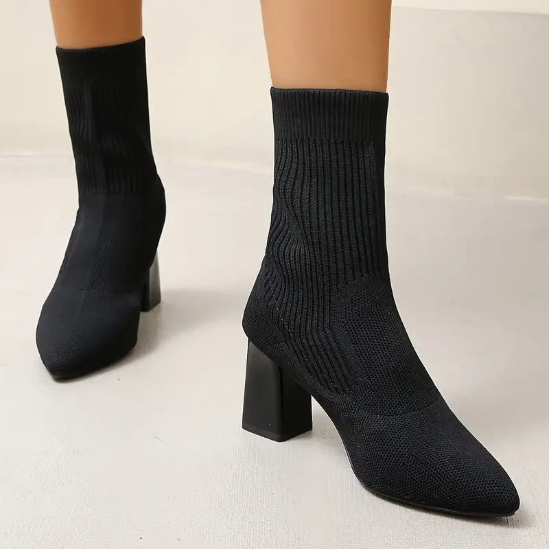 Damen Stiefeletten Strickoptik Spitzer Zeh Blockabsatz