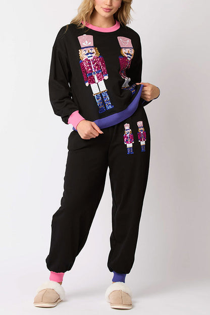 Weihnachtsmann Pailletten Set: Sweatshirt und lockere Joggerhose - IdealeKleiden
