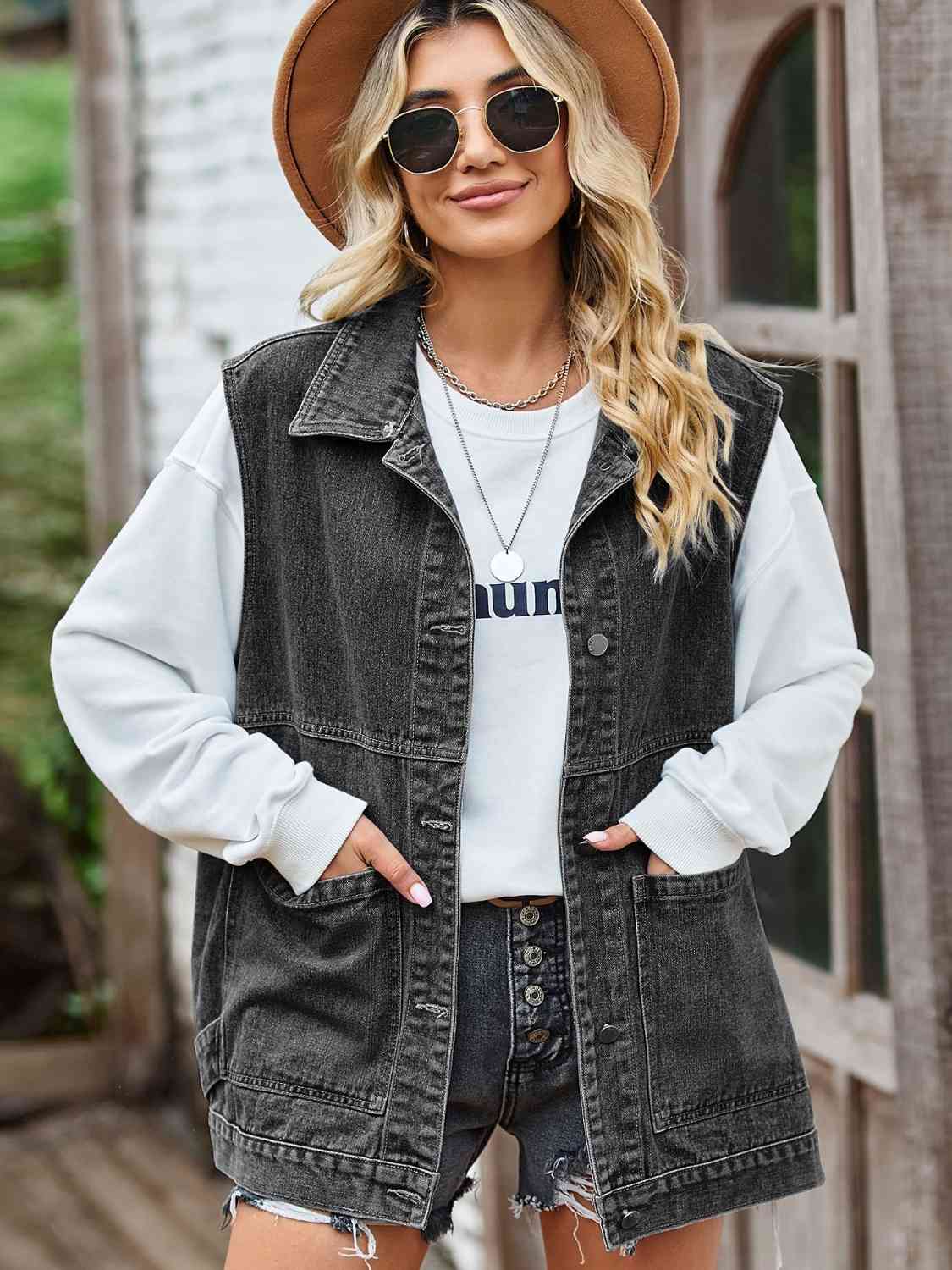 Ärmellose Jeansjacke Mit Knöpfen Trendy Design