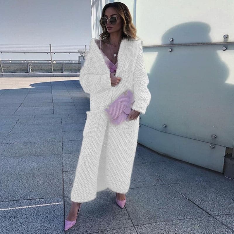 Langer Strickcardigan Offen mit Großen Taschen