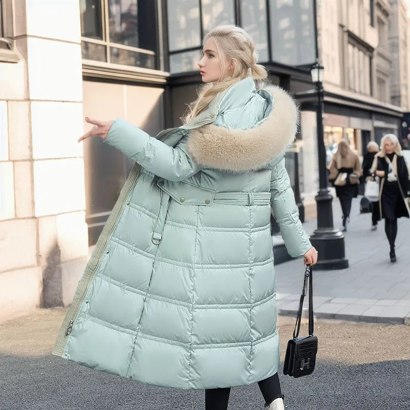 Damen Wintermantel Lang Elegant mit Pelzbesatz