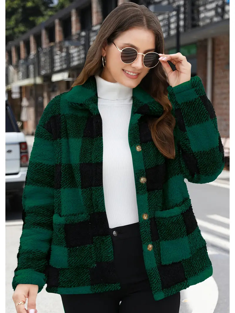 Teddy Mantel Damen Karierter Fleece Mantel