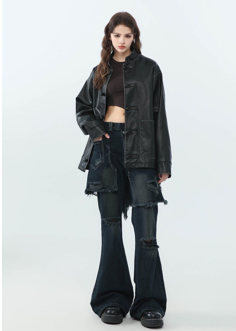 Modische Lederjacke Stehkragen Bikerstil - IdealeKleiden
