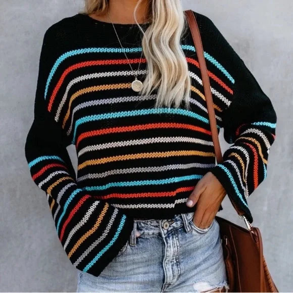 Modischer Strickpullover V-Ausschnitt Streifen