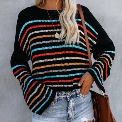 Modischer Strickpullover V-Ausschnitt Streifen