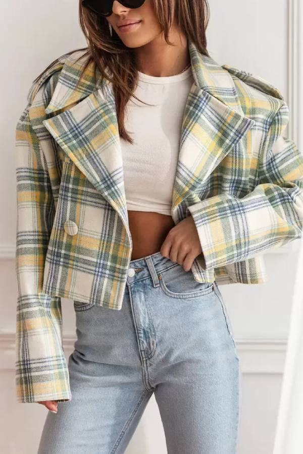 Frauen Herbstjacke Karo Muster Wendekragen