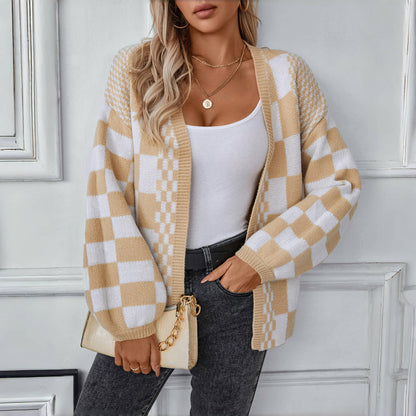 Damen Cardigan Herbstlich Gestrickt Karomuster