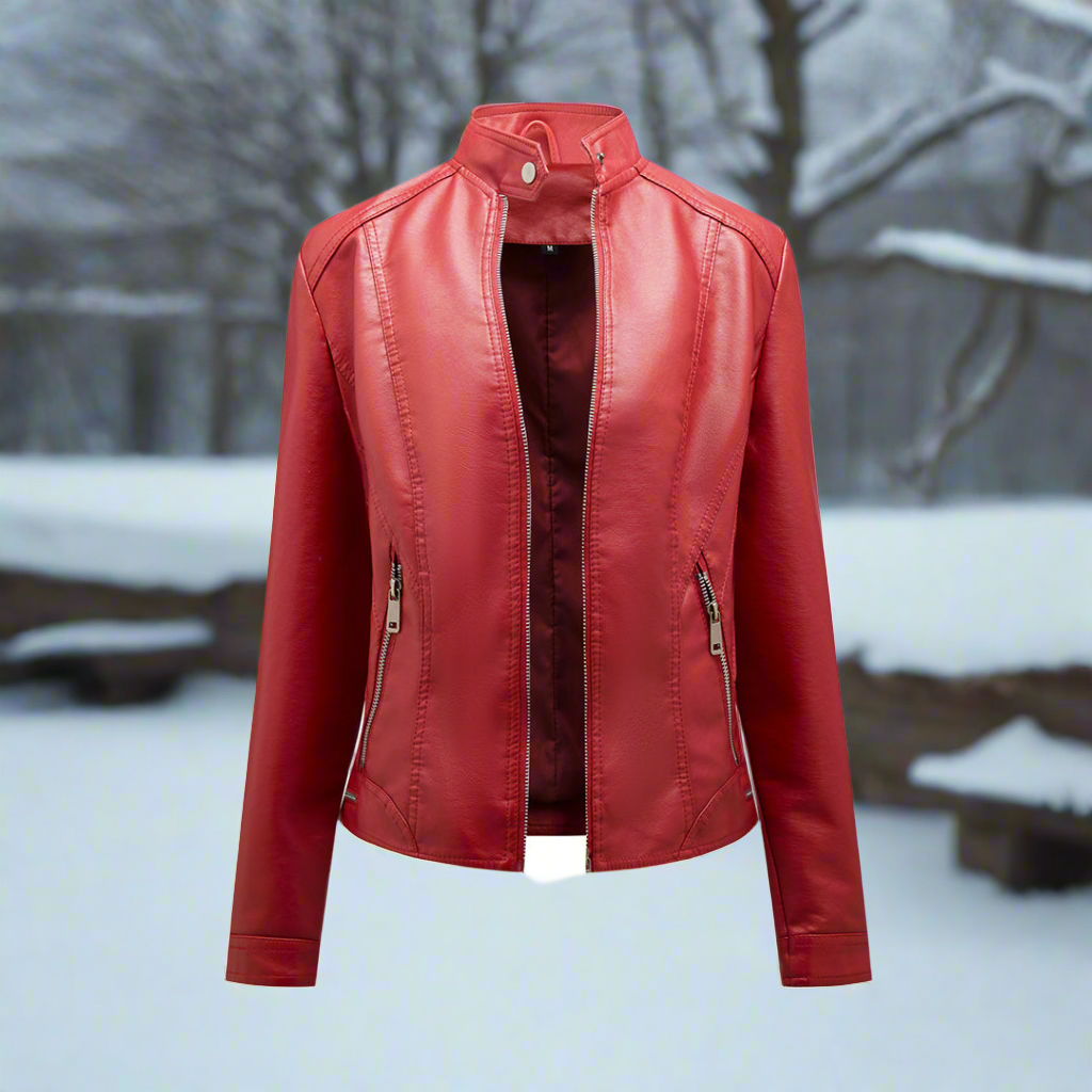 Lederjacke Biker Style Reißverschluss Stehkragen Slim