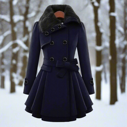 Damen Trenchcoat Wollmix Doppelreihig Kunstfell