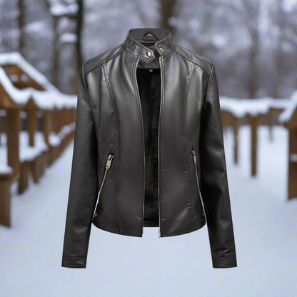 Lederjacke Biker Style Reißverschluss Stehkragen Slim