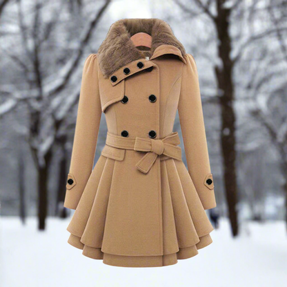 Damen Trenchcoat Wollmix Doppelreihig Kunstfell