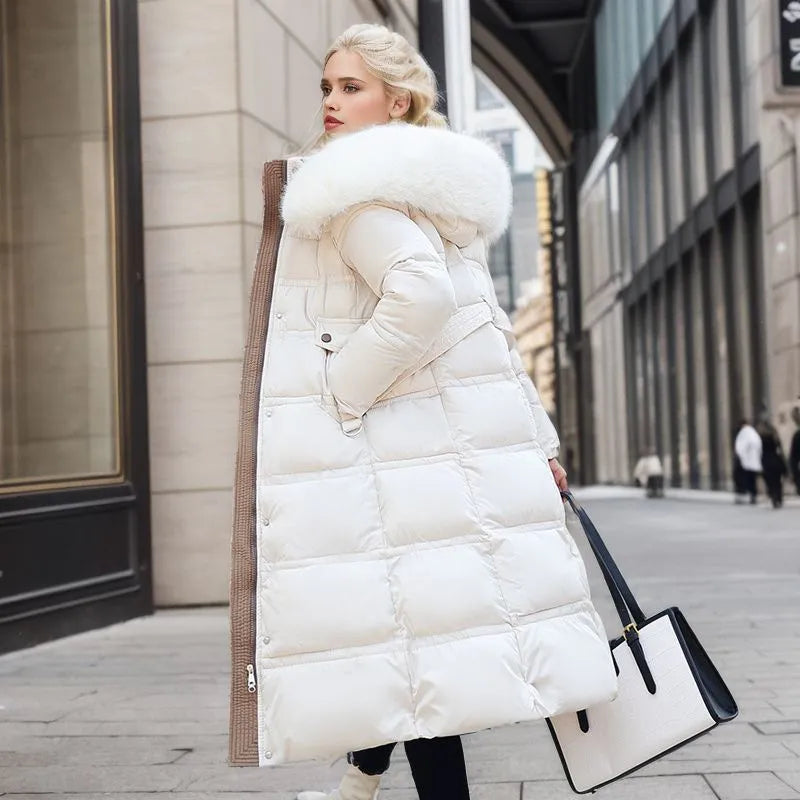 Wintermantel Damen Lang Kapuze Pelz Gürtel