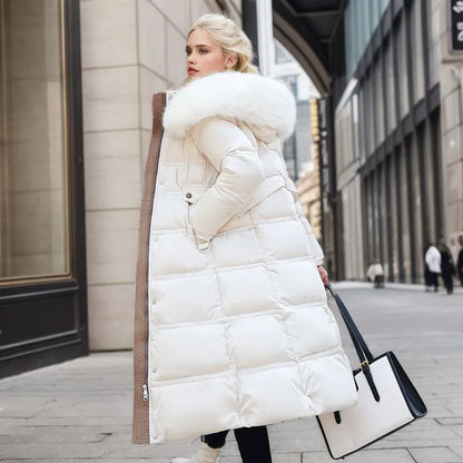Damen Wintermantel Lang Elegant mit Pelzbesatz
