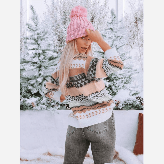 Boho Chic Pullover Gemustert Weich Winterwarm - IdealeKleiden