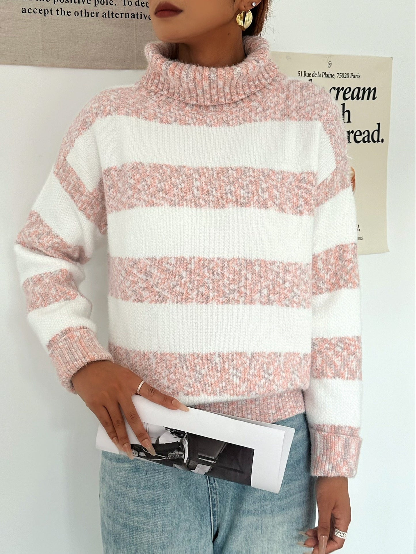 Frauen Strickpullover Rollkragen Streifenmuster - IdealeKleiden