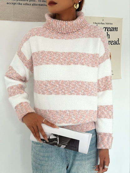 Frauen Strickpullover Rollkragen Streifenmuster - IdealeKleiden