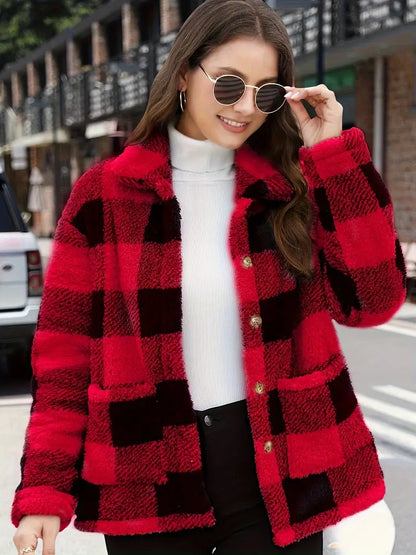 Teddy Mantel Damen Karierter Fleece Mantel