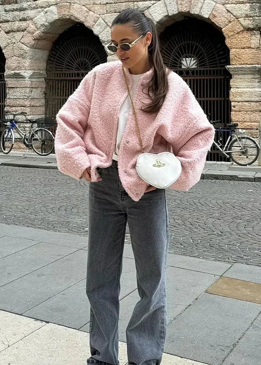 Rosa Oversized Jacke Stehkragen Damen - IdealeKleiden