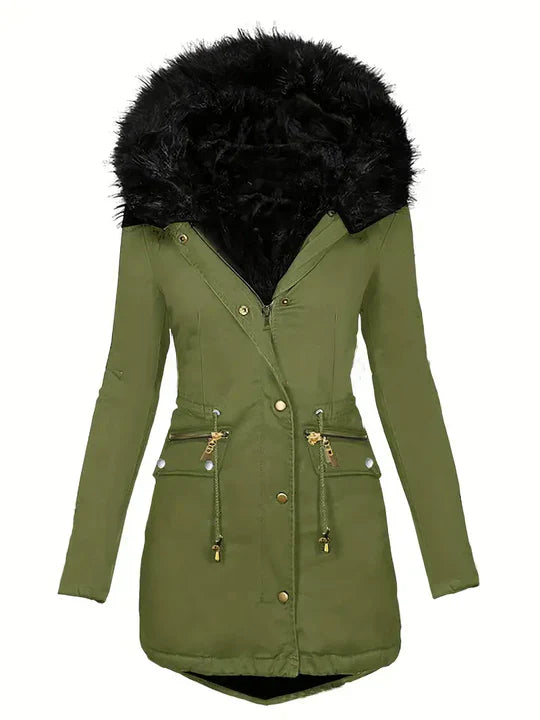 Winter-Parka Mantel mit Kunstfell-Kapuze und Kordelzug