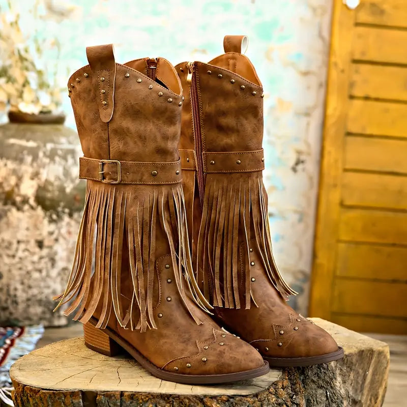 Stylische Damenstiefel Quasten Detail Blockabsatz