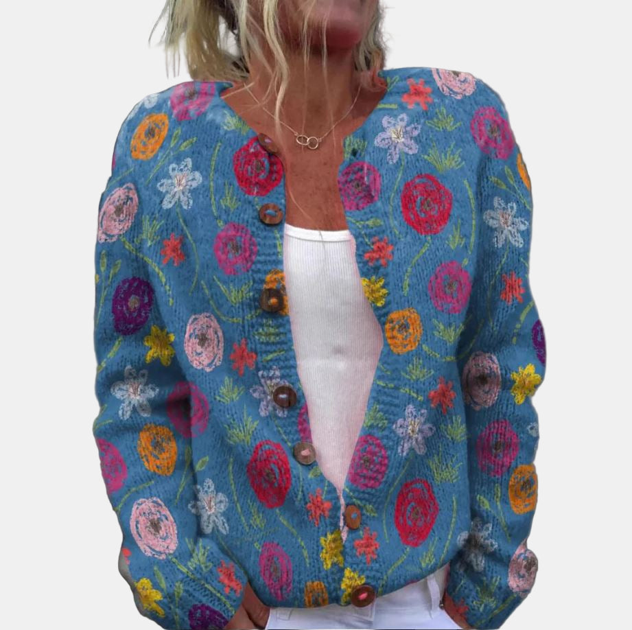 Blumenmuster Cardigan Damen Blau - IdealeKleiden