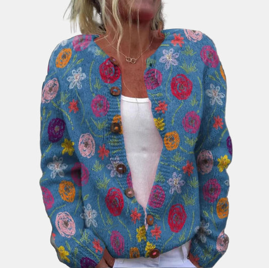 Blumenmuster Cardigan Damen Blau - IdealeKleiden
