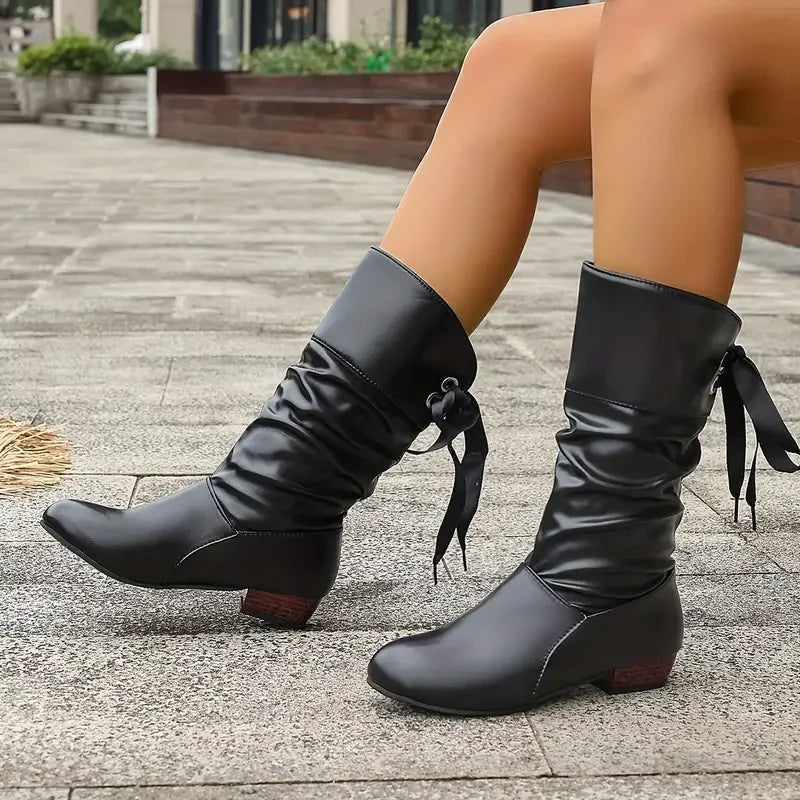 Damen Stiefel Schnürung Chunky Absatz Überkniediek