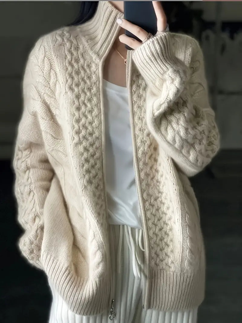 Weiche Strickjacke Kabelstrick Hochgeschlossen Bequem Warm - IdealeKleiden